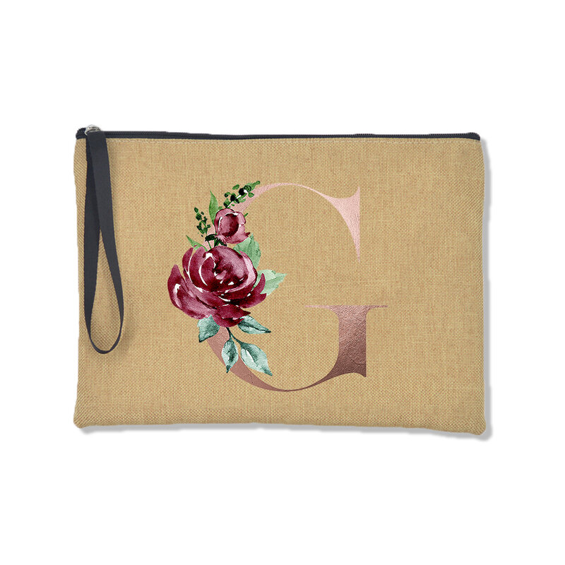 Bolso de lino con 26 letras de oro rosa para mujer, bolsa de lino, informal, a la moda, con cremallera, almacenamiento de lápiz labial, regalo para mujer
