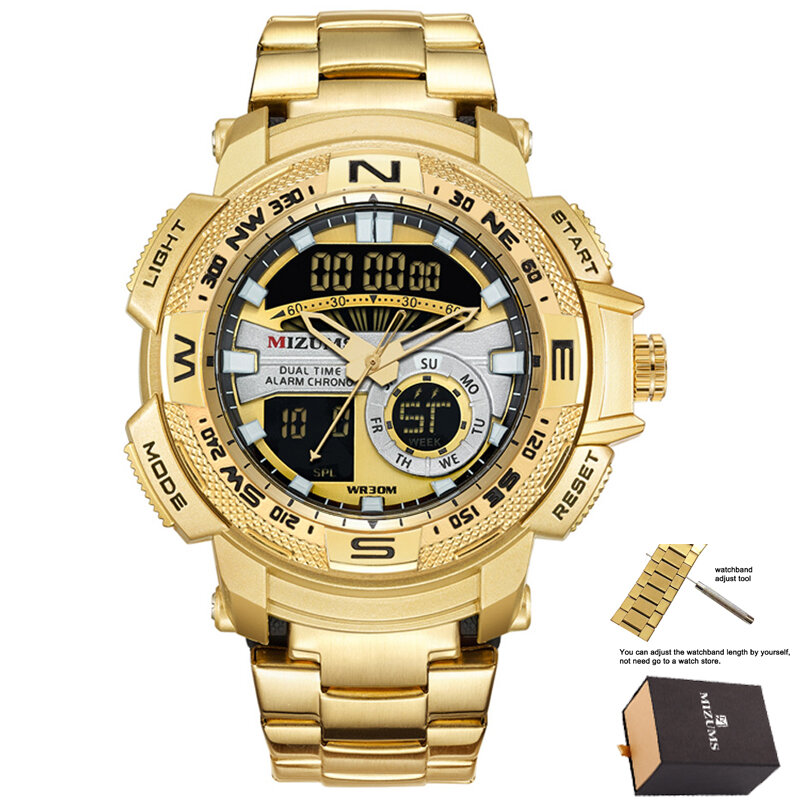 30M Waterdichte Mens Sport Horloges Luxe Merk Quartz Horloge Mannen Goud Staal Digitale Mannelijke Klok Cool Militaire Relogio Masculino