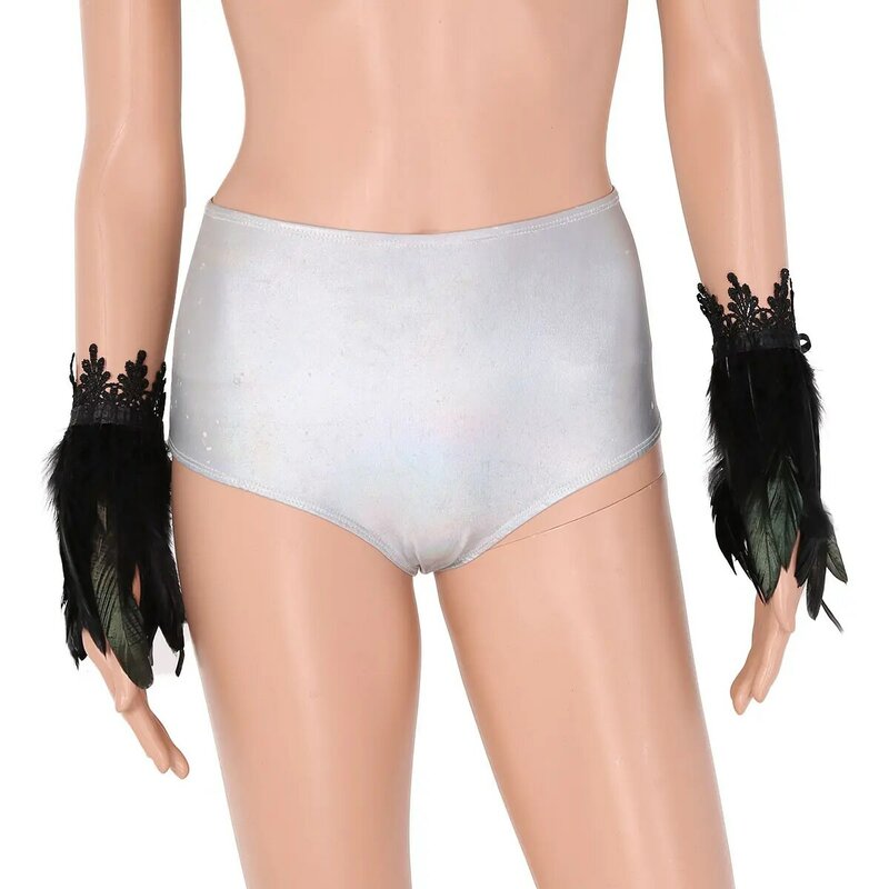 Puños de muñeca de plumas de gallo teñidos naturales reales negros con lazos de cinta para fiesta de disfraces de Halloween Cosplay y