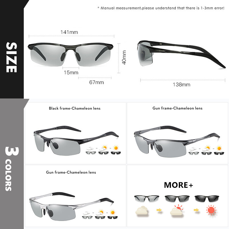 Óculos de sol fotocromático sem aro em alumínio masculino, óculos polarizados para dia e noite, óculos camaleão antirreflexo, 2023
