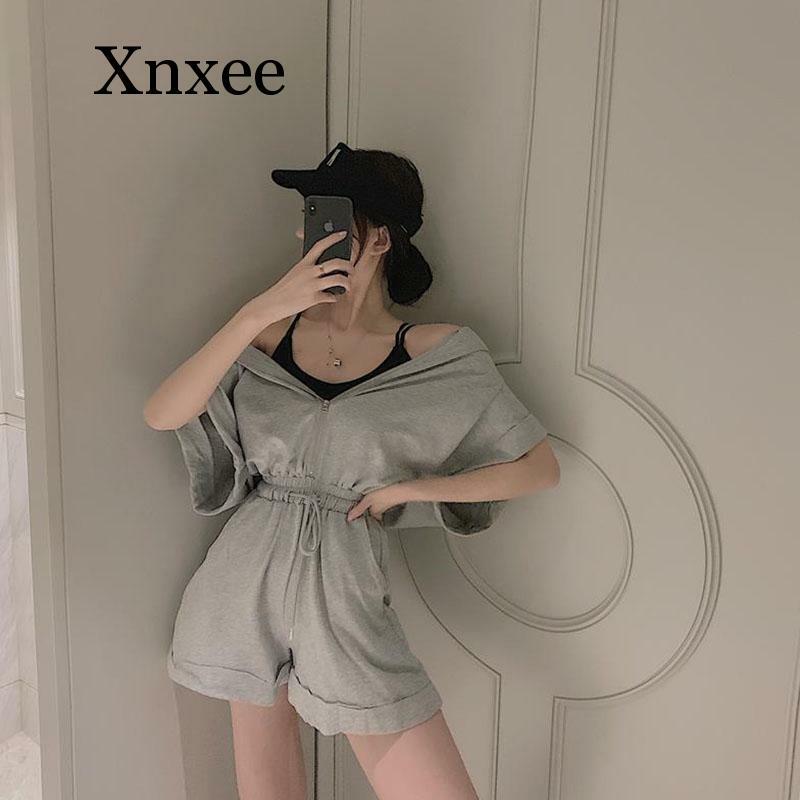 Loose Summer Playsuit Overalls For Women Long Sleeve Casual Button Shirt Rompers Boho Beach Short Jumpsuit Hooded Outfits Gym
