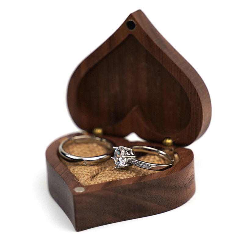 1 pçs anéis de madeira casamento jóias organizador exibição caso viagem armazenamento portátil coração/forma quadrada caixa noz embalagem