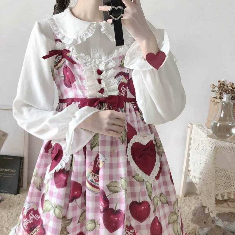 Japońska śliczna biała koszula Harajuku bluzki z falbanką bluzka z długim rękawem słodka Lolita Basic zapinana koszule 100% bawełna