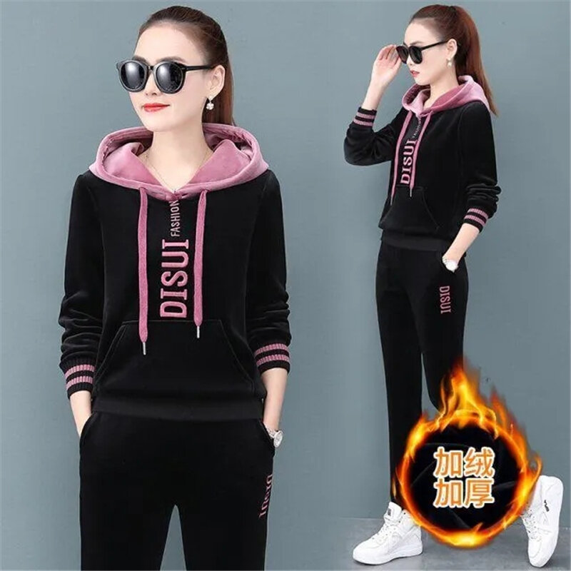 Herfst Winter Thicken Casual Fluwelen Trainingspak Vrouwen 2 Delige Set Mode Brief Borduurwerk Velour Hooded Sweater Broek Pak