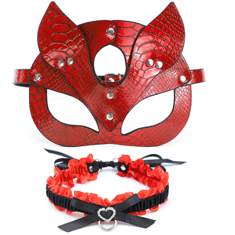 Red Leather Cosplay Mask Bdsm Fetish Sex Toys Erotic Rabbit Mask and Collar Halloween Gift Masquerade Party Mask Adult Game