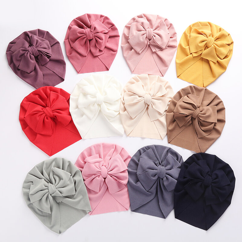 Solid Ribbed Bunny Knot Turban Hats for Baby Boys Girls Beanies Striped Thin Elastic Caps Bonnet Newborn Toddler 0-4T Headwraps