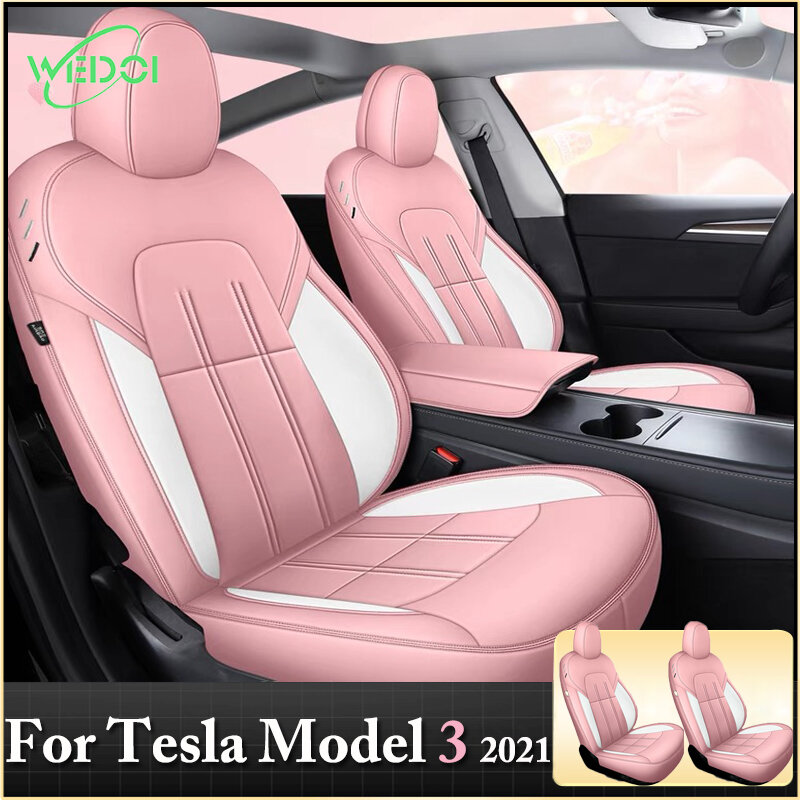 WEDOI รถยนต์สำหรับ Tesla รุ่น3 2021 PU หนังสีชมพูเต็มรูปแบบล้อมรอบด้วยเบาะสำหรับอุปกรณ์ Tesla 2021