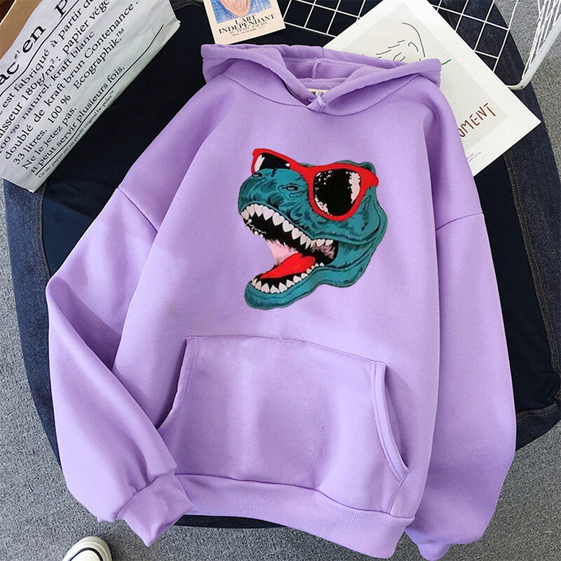 Bonito dinossauro harajuku oversized impressão moletom kawaii hoodies próprio com capuz manga completa topos estilo coreano streetwear roupas