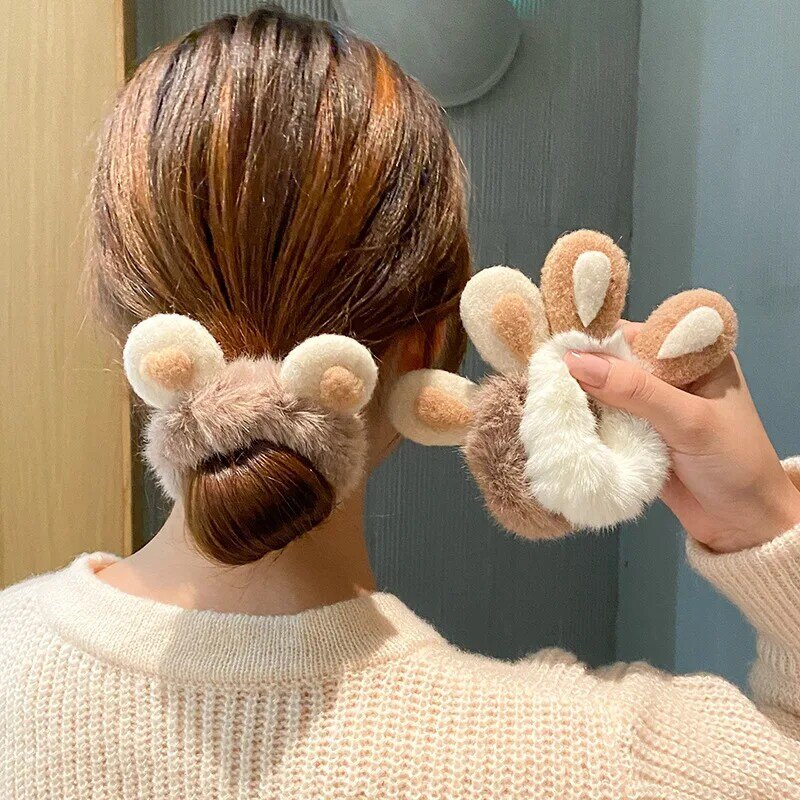 Acessórios de cabelo para mulheres menina bonito coelho orelhas de pelúcia anel de cabelo de borracha banda de cabelo rabo de cavalo titular bandana acessórios