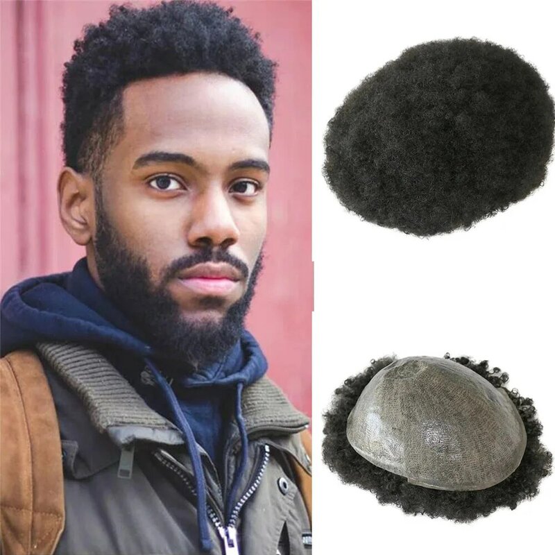 360 Waves Afro Hairstyle 6mm 8mm 10mm Human Hair Toupee for Black Durable Poly Skin Hair Replacement System Capillary Prosthesis