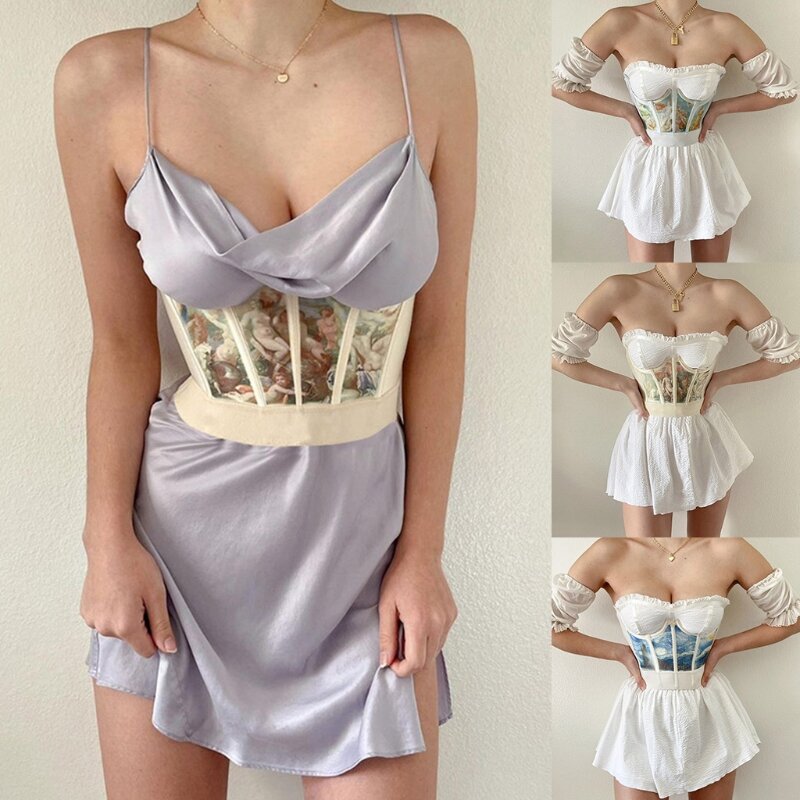 Donne Vintage angelo stampato corsetto avvolgere cintura pesce disossato Fitness vita Shaper sottoseno Bustier Cincher elastico dimagrante cintura S