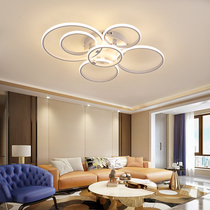 インテリジェントな家庭用LEDシャンデリア,モダンなLEDランプ,rc調光可能なアプリケーション,リビングルームとベッドルーム用の円形リング,天井ランプ