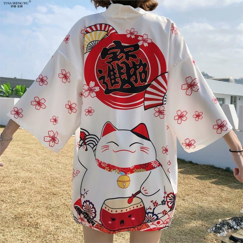 Kimono Lucky Cat masculino e feminino, roupa de rua japonesa, cardigã, roupão Harajuku, roupas estilo japonês, preto, jaqueta branca, tops de verão