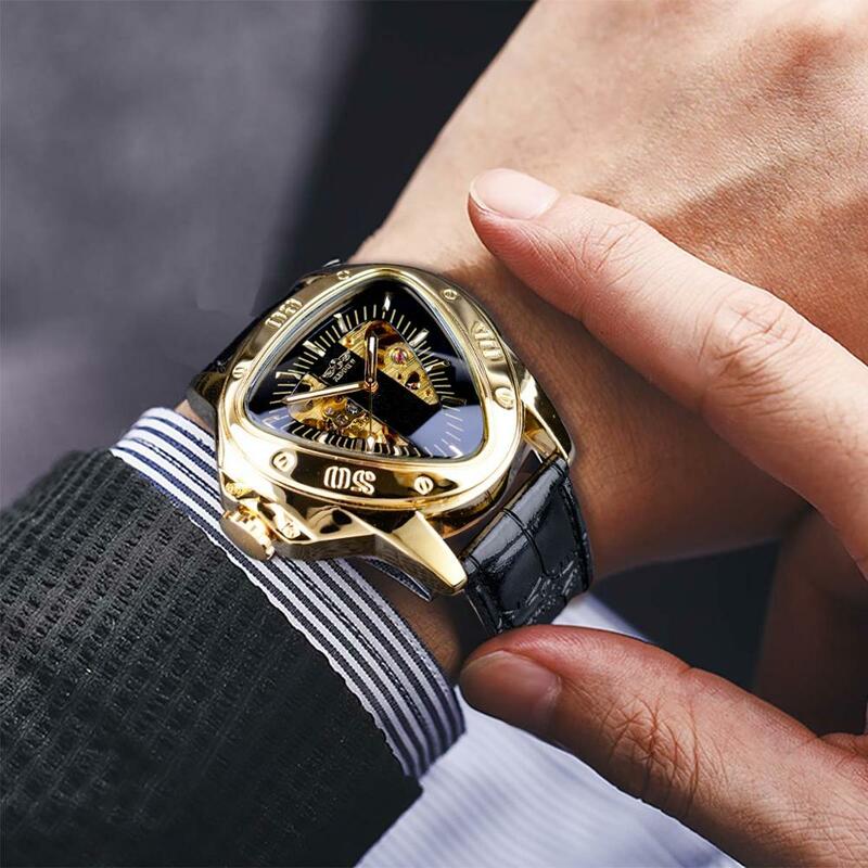 Jam tangan mekanis pria, arloji otomatis desain segitiga tali kulit mewah, jam tangan olahraga untuk pria