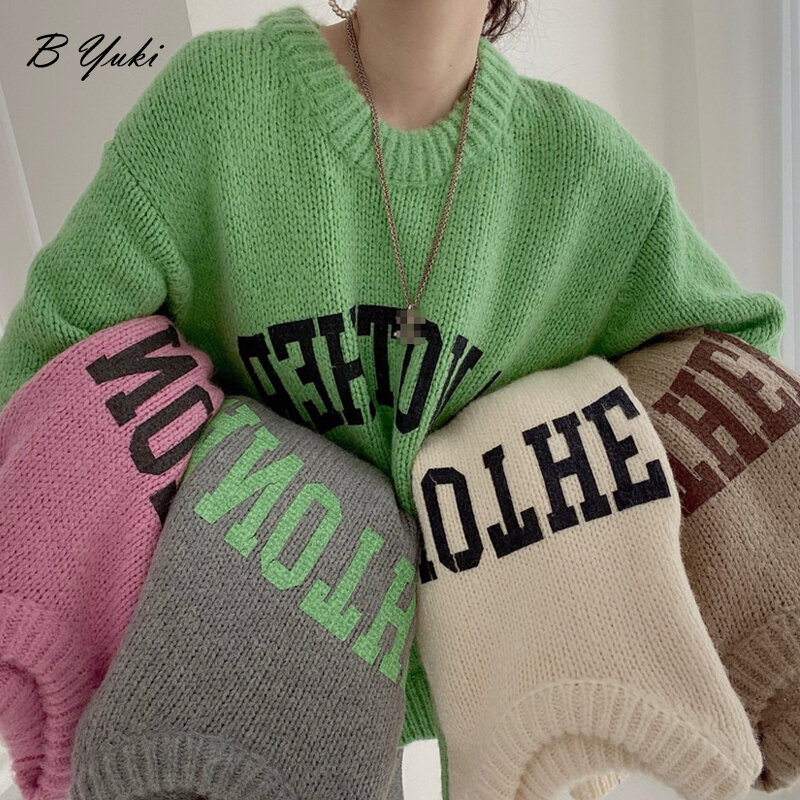 Bessyuki Sweter Pullover Rajutan Longgar Wanita Musim Gugur Musim Dingin Baru Ukuran Besar Leher-o Lengan Panjang Cetakan Huruf Pakaian Wanita