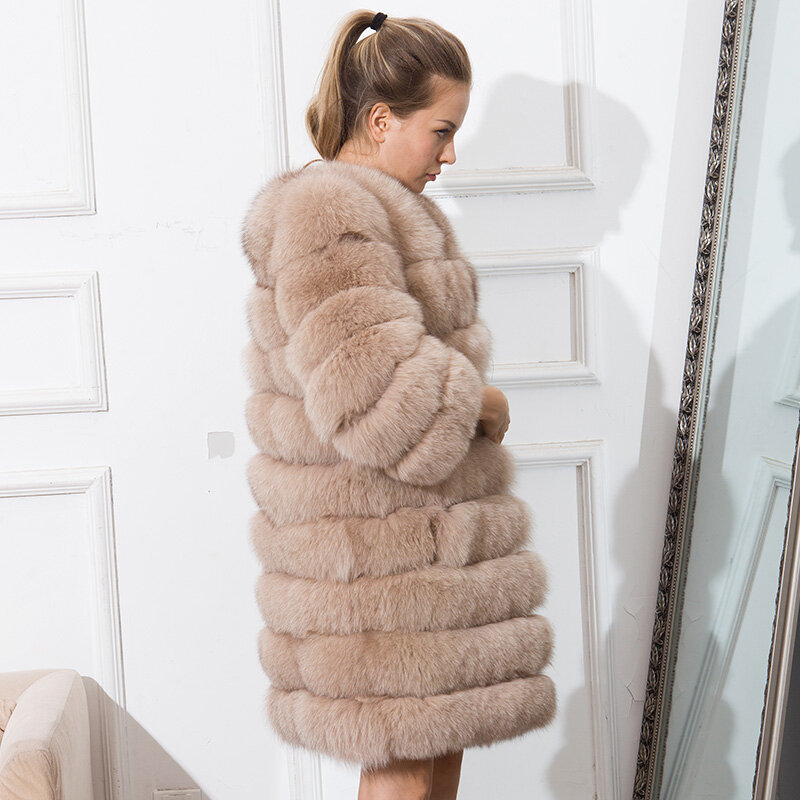 Nueva gran oferta mujer abrigo de piel auténtica de zorro larga abrigos de piel de zorro azul chaqueta de piel de zorro 80 cm