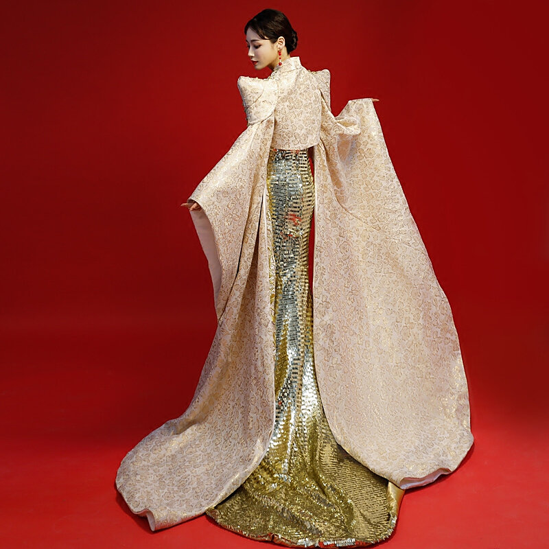 2 Piece Gold Dubai Saudi Arabic Dress Mermaid Evening Dress Shawl coat Robe Long Luxury Gowns Maternity Dresses Abendkleider