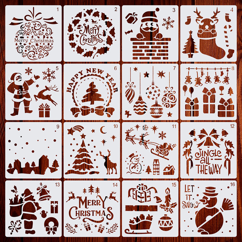 15*15 Selamat Natal Lapisan Stensil Gambar Semprot Stensil DIY Album Foto Buku Tempel Dekoratif Embossing DIY Kartu Kerajinan