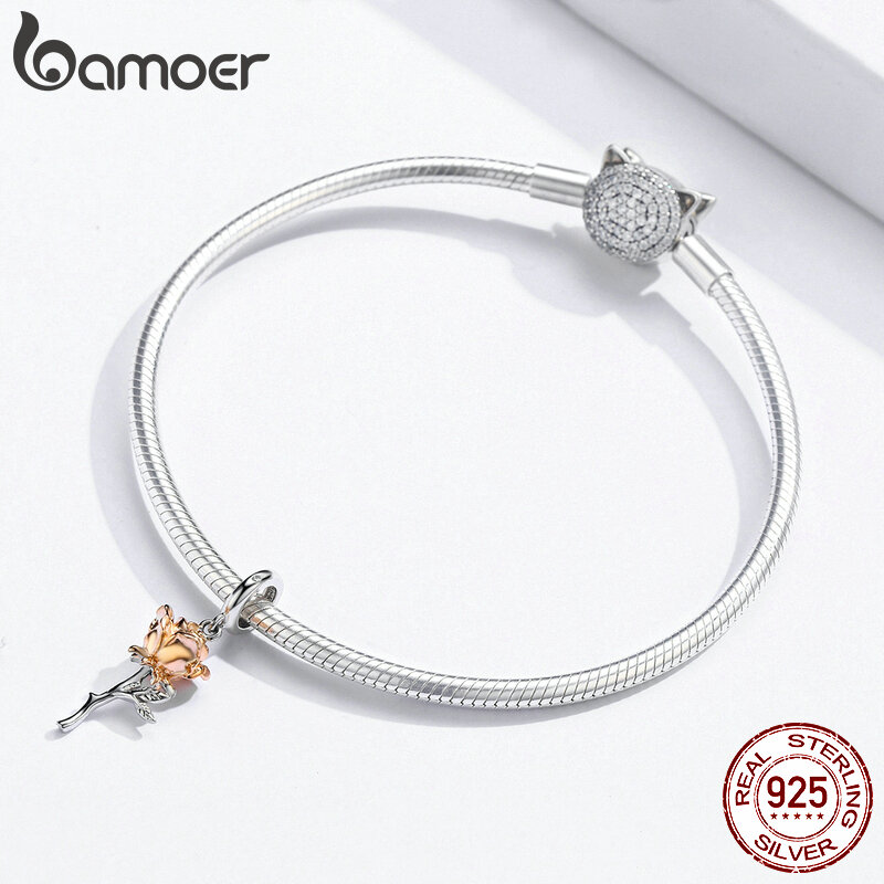 bamoer 3D Rose Flower Pendant Charm 925 Sterling Silver Rose Gold Color Charms for Bracelet or Necklace DIY Sunflower Charms