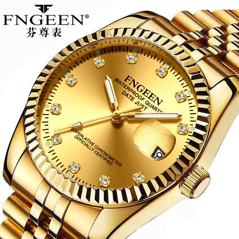 Reloj de cuarzo para hombre y mujer, cronógrafo dorado, resistente al agua, con diamantes, para estudiantes