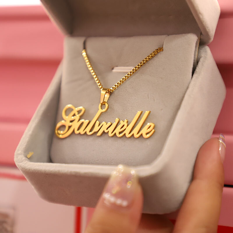 Kalung Liontin Nama Pribadi Perhiasan Kustom Rantai Kotak untuk Hadiah BFF Bijoux Choker Papan Nama Kursif Buatan Tangan Pria Wanita