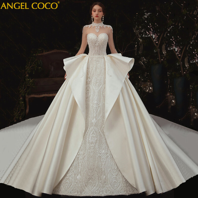 Gaun Pengantin Gaun Pengantin Putih Satin Katedral Fashion Kristal Mewah Gaun Pengantin Gaun Hamil Gaun Pengantin