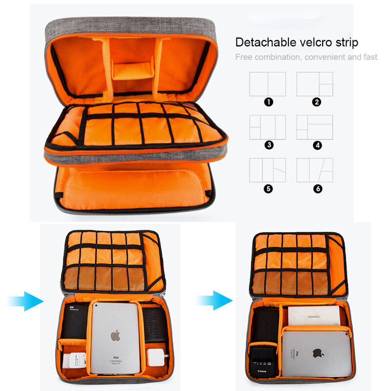Bolsa organizadora de accesorios electrónicos, bolsa organizadora de doble capa, portátil con tiras separadoras para guardar iPad, discos duros, cables y otros elementos