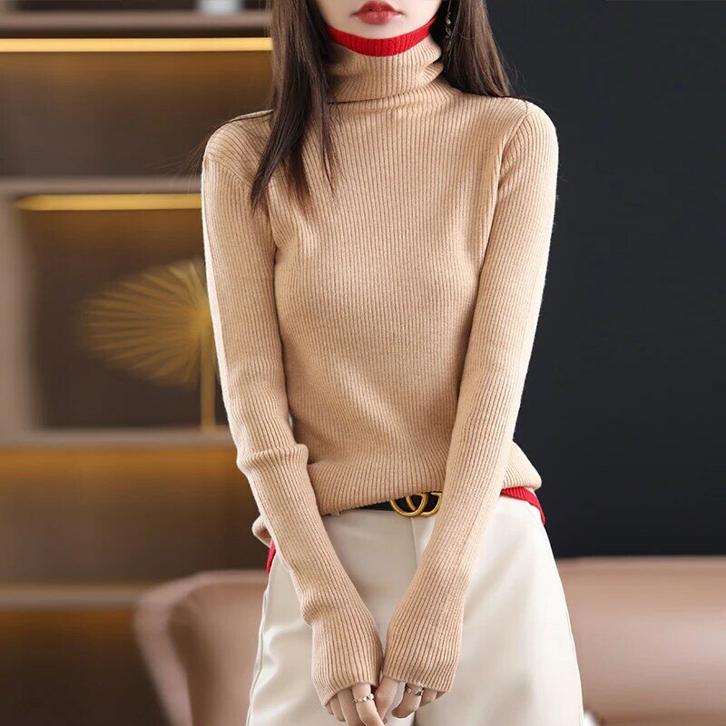 Outono macio cashmere feminino alto pescoço borda vermelha pulôver camisola para outono/inverno 2021 estilo coreano magro moda listrado pulôver