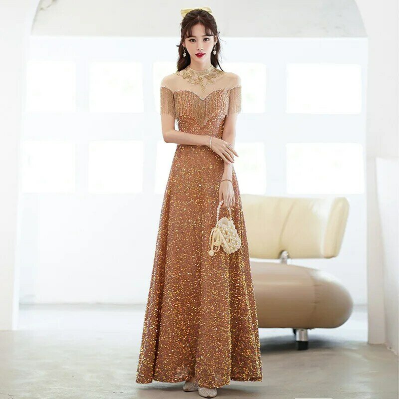 เกาหลีสไตล์ชุดราตรี Sequined Appliques ชุดราตรี Elegant Party Gowns ยาวแขนกุด Gentle ค็อกเทลชุด