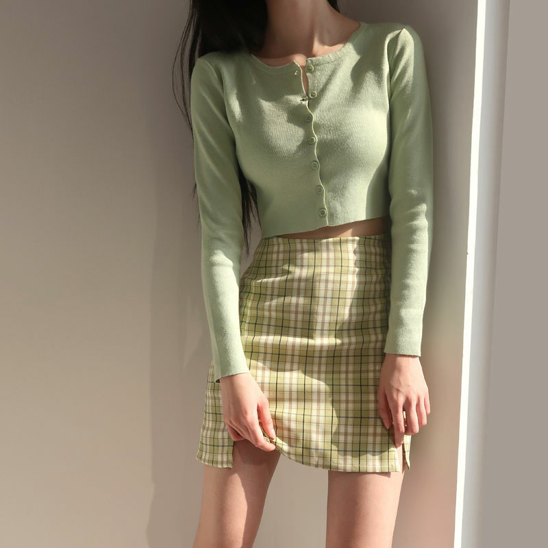 Suéter de malha curta estilo coreano, blusão feminino fino com decote redondo, botão frontal aberto, manga curta, proteção solar