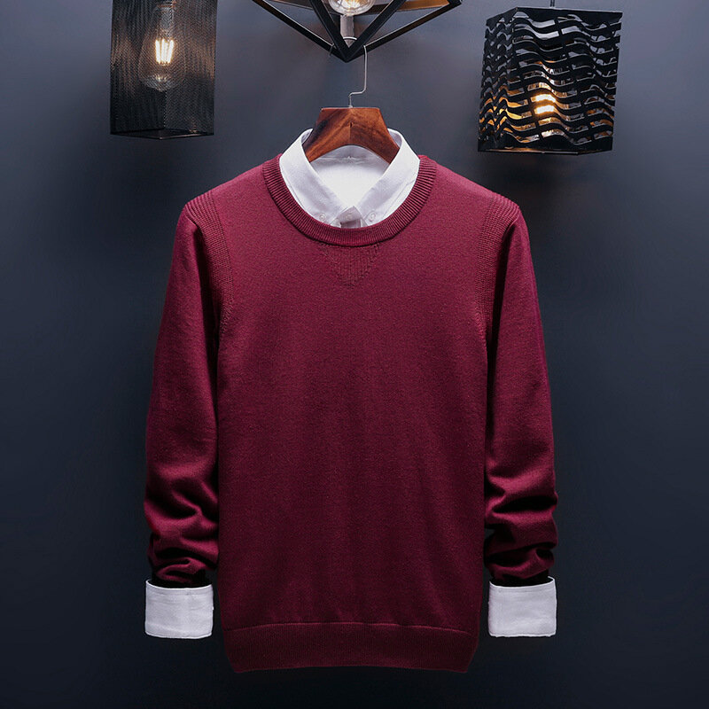Musim Semi dan Musim Gugur Pria Sweater Korea Rajut Leher Bulat Sweater Tren Warna Solid Jaket Lengan Panjang Kemeja