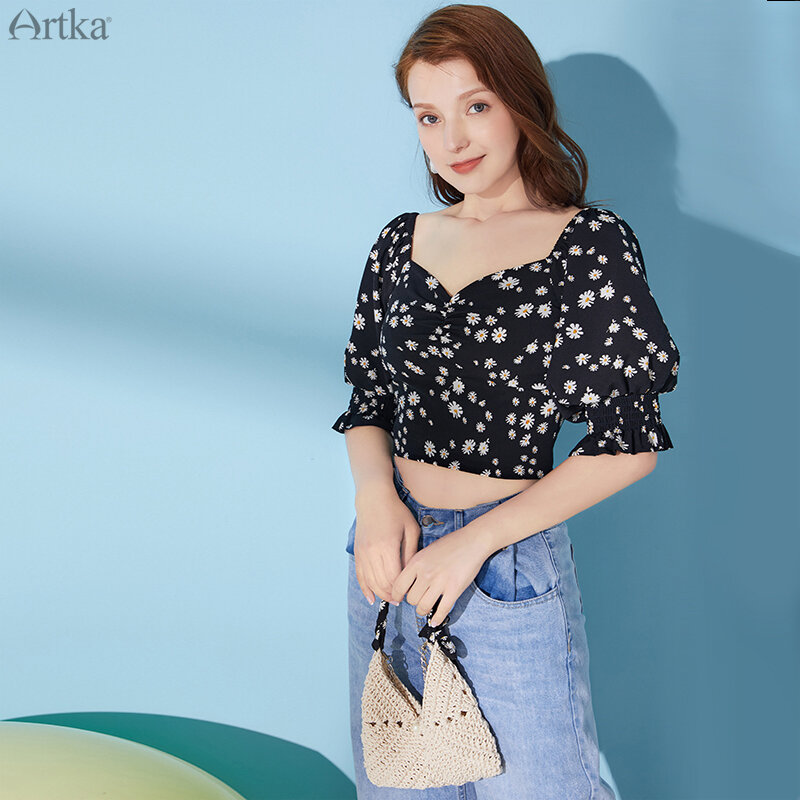 ARTKA-Blusa de manga corta con estampado Floral para verano, camisa de Chifón con estampado de margaritas, Estilo Vintage, 2020
