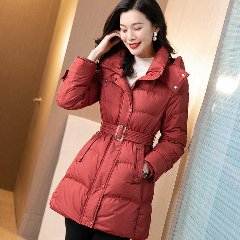 High-end feminino inverno pato branco para baixo jaqueta 2021 nova moda feminina meados de comprimento fino cintura chique coreano harajuku jaqueta a5698
