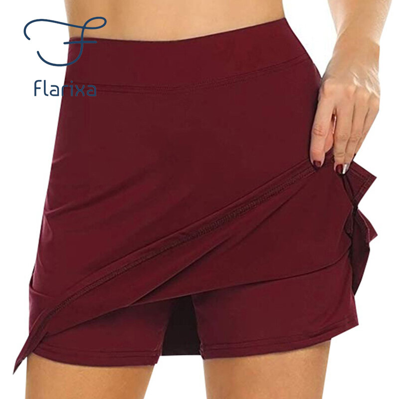 Flarixa-Falda Hakama de dos piezas para mujer, pantalones deportivos informales de Color sólido, falda acampanada de cintura alta, minifalda ajustada con bolsillo