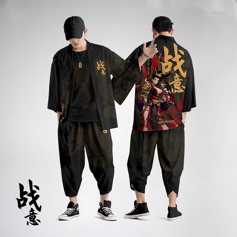 Styl japoński Vintage Kimono Haori zestaw spodni mężczyzn tradycyjny Harajuku Streetwear samurajski sweter kostium Yukata