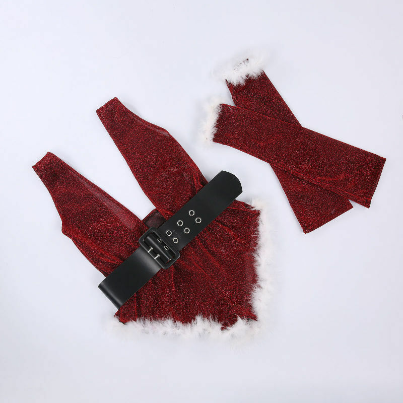 BKLD Pakaian Satu Potong Seksi Pakaian Klub Pesta Natal Baru Pakaian Bodysuit Patchwork Bulu V-Neck Dalam Pakaian Wanita dengan Sabuk