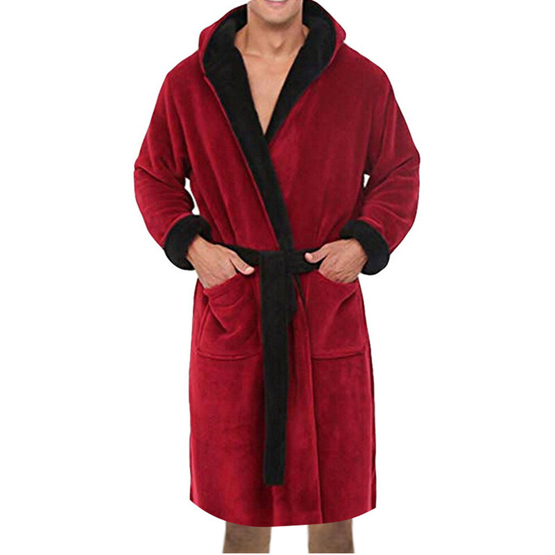 Men Thermal Long Bathrobe Warm Lengthened Plush Shawl Kimono Bath Robe Long Sleeved Nightgowns Home Clothes