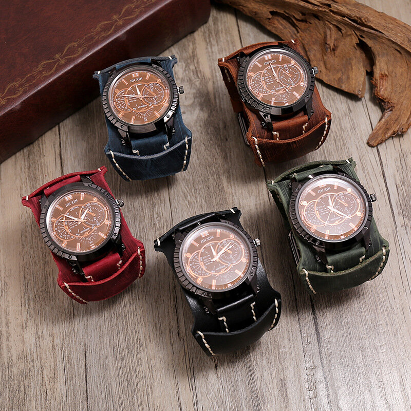 Jam tangan pria mode baru jam tangan kekasih Quartz Dial besar mewah gelang Punk kulit asli lebar jam tangan olahraga hadiah pria