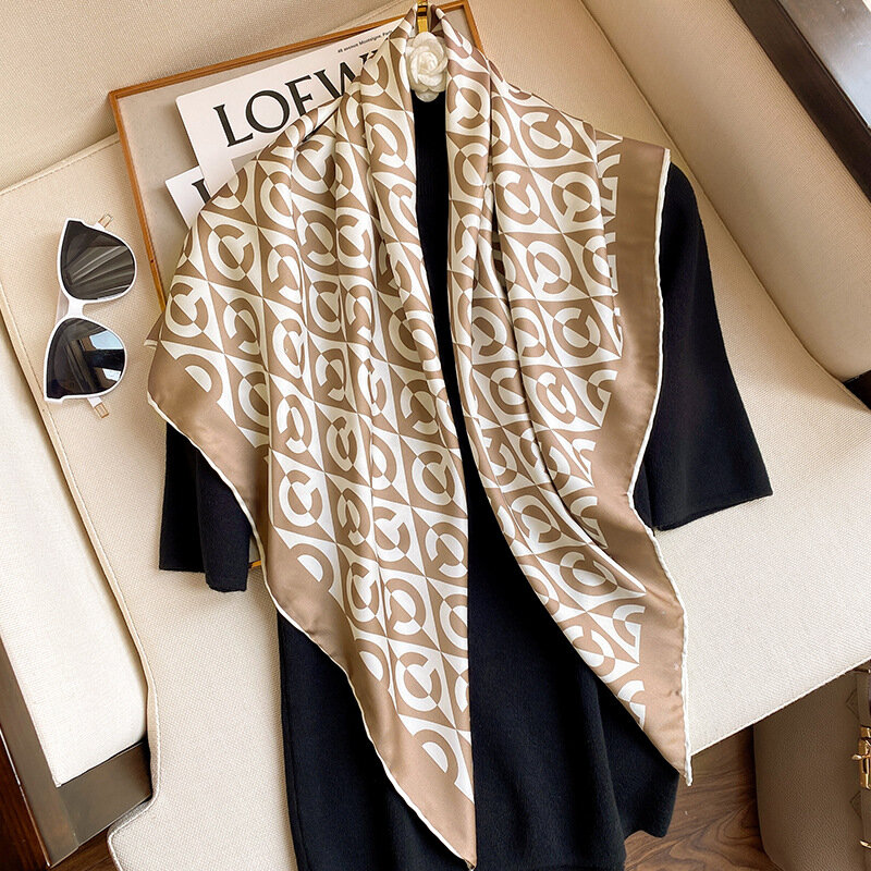 Bufanda cuadrada grande de seda de sarga con estampado de letras, chal de punto a mano, estilo clásico, regalo, a la moda, 90