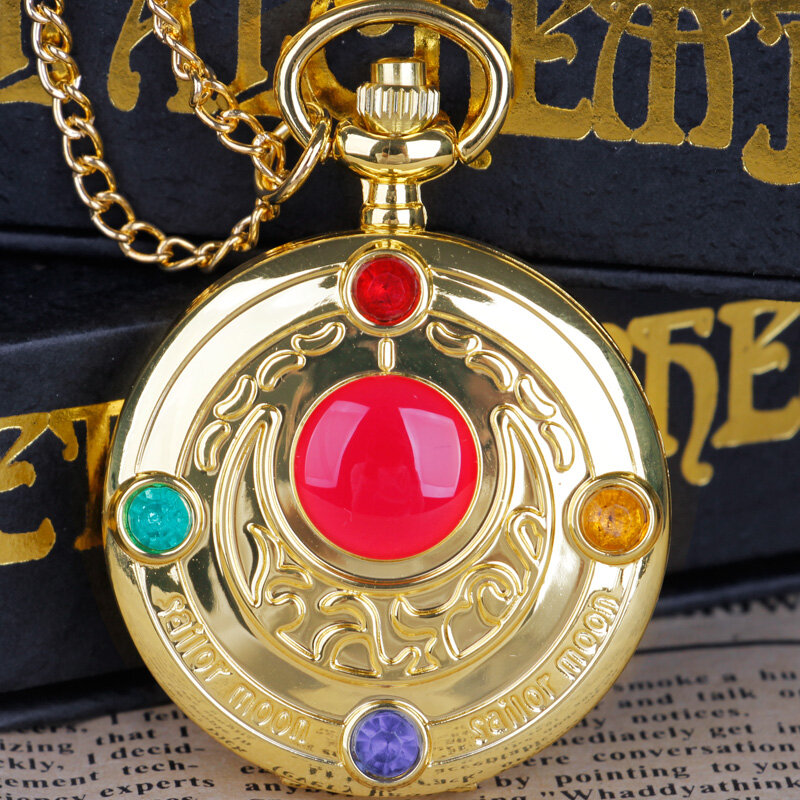 Reloj de bolsillo de cuarzo tallado con piedras preciosas de Luna, collar con esfera de Anime, cadena, colgantes para mujeres y niños, regalos exquisitos