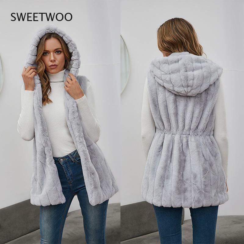 ฤดูหนาวเสื้อกั๊ก Faux ขนสัตว์กับ Hood Gilet ขนสัตว์ปลอมเสื้อผู้หญิงสีทึบกระเป๋าหลวม Warm Warm เสื้อกั๊ก Overcoat