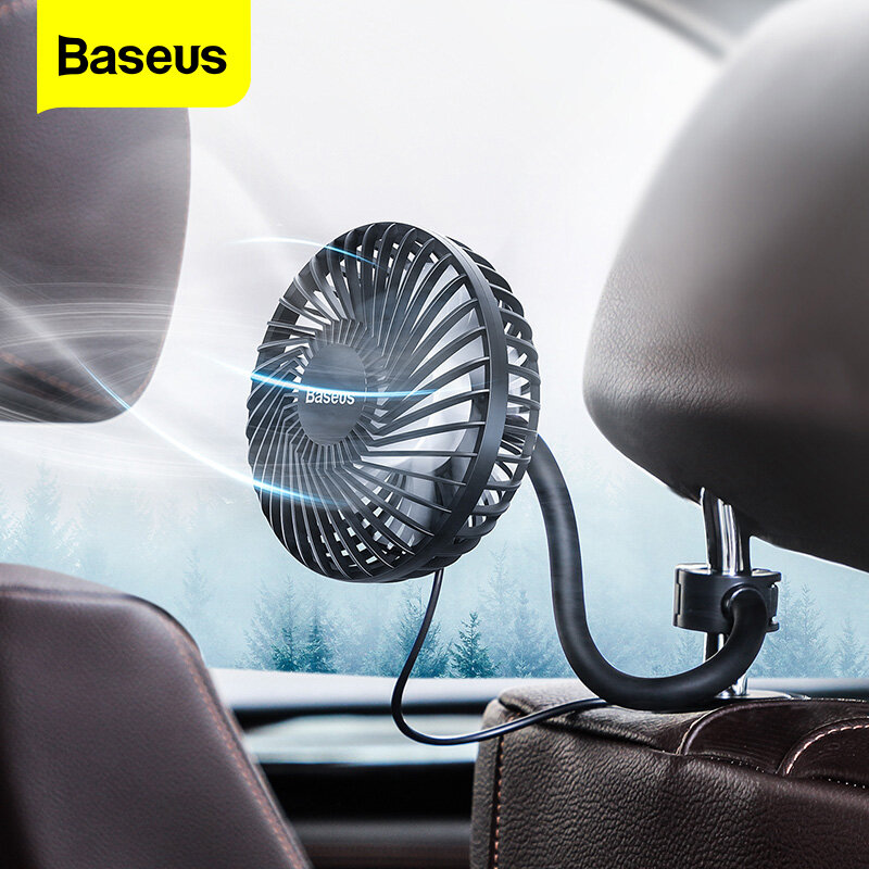 Baseus Car Fan Cooler 360 Degree Rotating Silent Car Air Vent Conditioner Fan 3 Speed Adjustable Backseat Mini USB Fan Cooling
