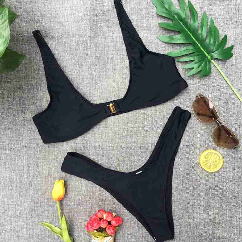 Mode Sexy Einfarbig Metall Lock Bikini Anzug Sommer Anzug Bademode Frauen Strand Größe Bade Plus A0S2