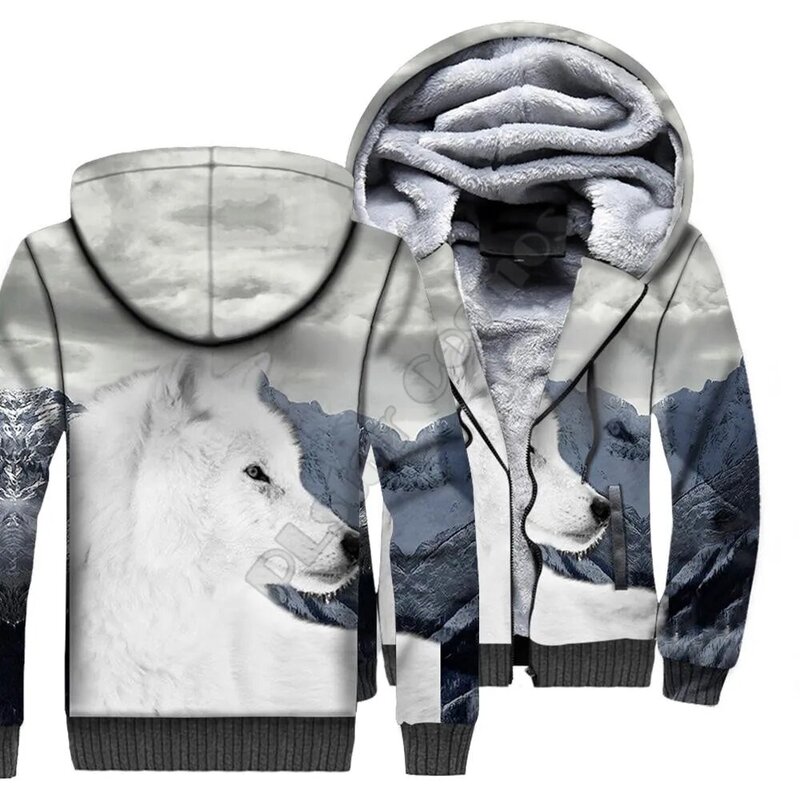 Флисовые Толстовки на молнии с 3D принтом волка для мужчин и женщин, зимние теплые двойные бархатные куртки, костюмы для косплея 01
