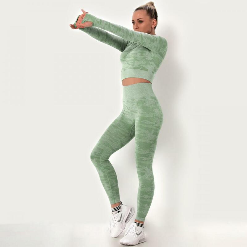 Seamless Gym Sports 2Pcs Yoga Set Suit Women Seamless Leggings Push Up Crop Top Women Long Sleeve Top Workout Clothes Sportswear