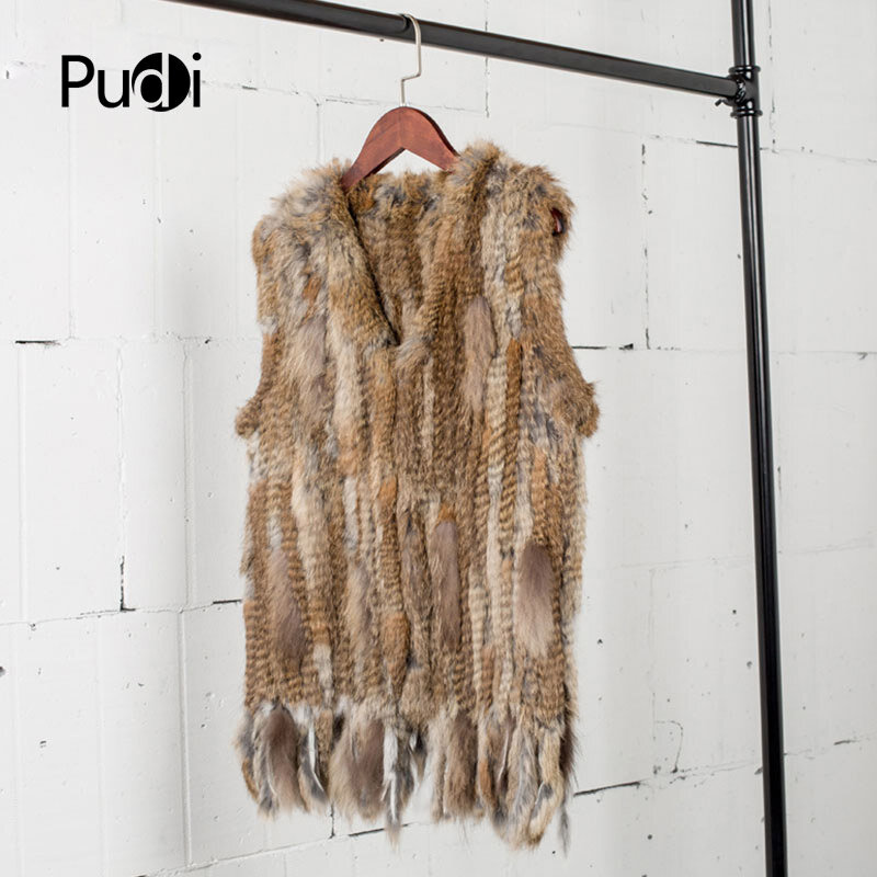 PUDI-Chaleco de piel de conejo Real hecho a mano para mujer, prenda sin mangas, abrigo de piel Natural, VR031