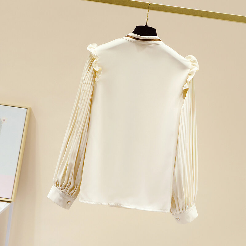Женская шифоновая рубашка, свободная блузка, кардиган на пуговицах с жемчужинами, с круглым вырезом и рукавами-фонариками, весна 2021