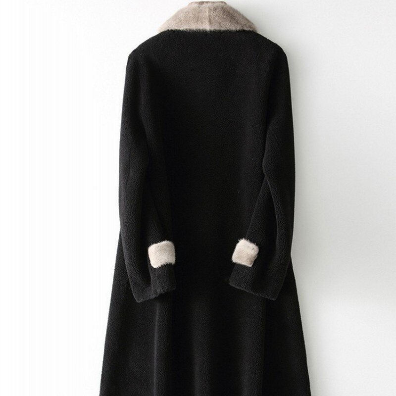 Cashmere casaco feminino elegante senhora vison gola de pele casaco de lã outono inverno streetwear reta médio longo jaquetas femininas