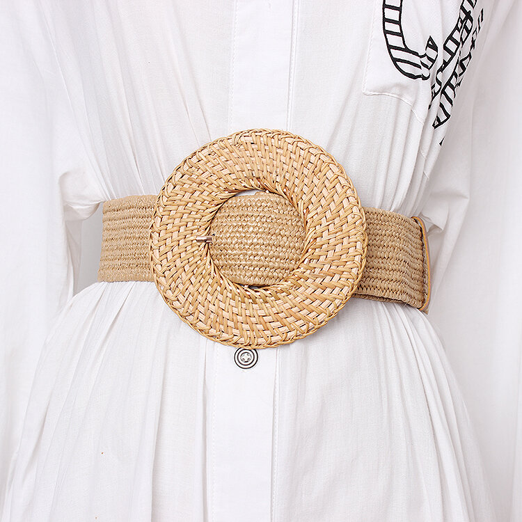 Cinturón de vestir con hebilla de madera para mujer, Correa ancha trenzada informal, tejido de diseñador femenino, cinturones elásticos de paja PP, BZ339