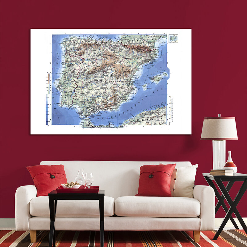 Mapa orgráfico espanhol com detalhes, pintura em tela não tecida, arte para parede, pôster de arte para decoração de casa, material escolar, 225*150cm em espanha